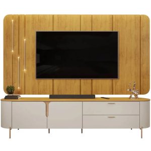 Conjunto Rack + Painel Celin 2.4 Off White com Nature e Led