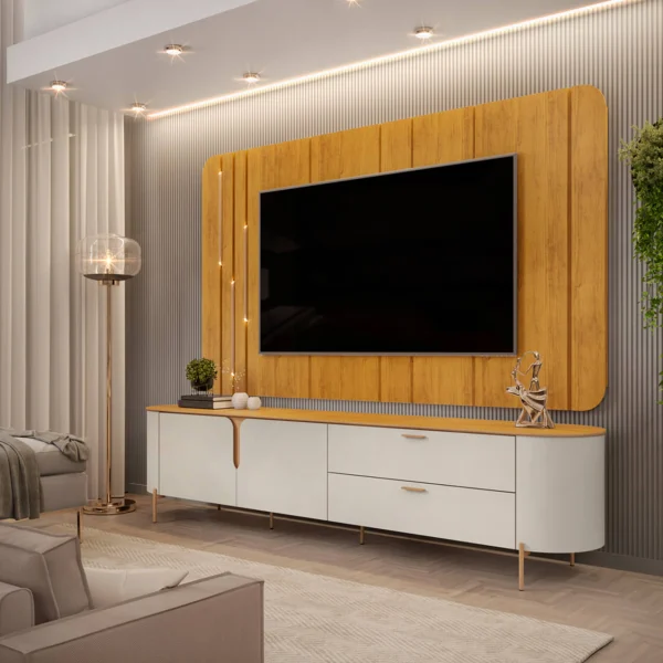 Conjunto Rack + Painel Celin 2.4 Off White com Nature e Led - Imagem 2